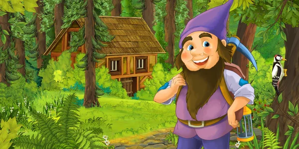 卡通场景与快乐侏儒在森林附近的木房子 插图儿童 — 图库照片