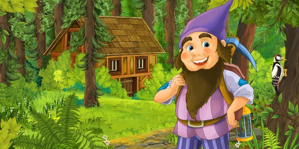 ahşap ev - çocuklar için illüstrasyon yakınındaki ormanda mutlu cüce ile çizgi film sahne 