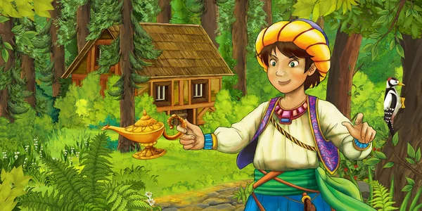 Cartoon Scene Prince Traveling Encountering Hidden Wooden House Forest Illustration — Stock Photo, Image