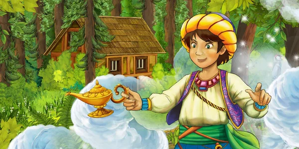 çizgi film sahne seyahat ve orman - illüstrasyon çocuklar için gizli ahşap evde karşılaşma Prens ile