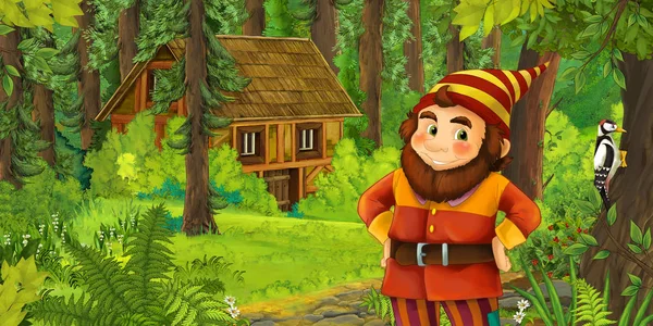 Cena Dos Desenhos Animados Com Anão Feliz Floresta Perto Casa — Fotografia de Stock