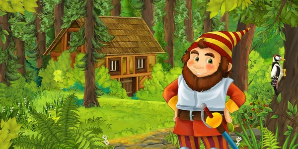 ahşap ev - çocuklar için illüstrasyon yakınındaki ormanda mutlu cüce ile çizgi film sahne