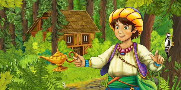 Cartoon Scene Happy Dwarf Forest Wooden House Illustration Children — Stock Photo, Image