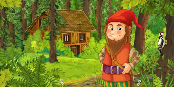 Scène Dessin Animé Avec Nain Heureux Dans Forêt Près Maison — Photo