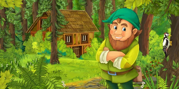 Cartoon Scen Med Glad Dvärg Skogen Nära Trähus Illustration För — Stockfoto