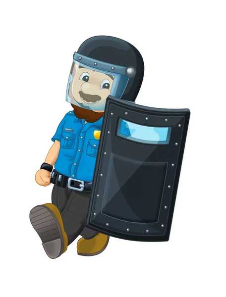 cartoon scene with happy policeman on duty holding bulletproof shield - on white background - illustration for children