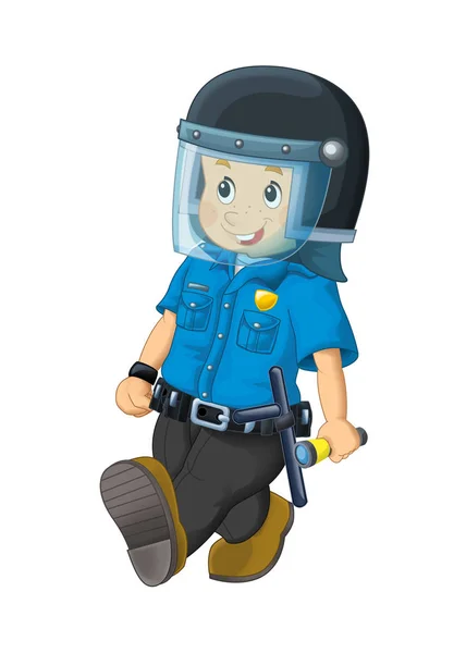 漫画シーンとともに幸せな警官オン義務身に着けている防弾ヘルメット 白の背景に 子供のためのイラスト — ストック写真