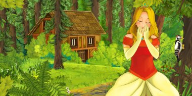 mutlu genç kız ormanda gizli ahşap ev - illüstrasyon çocuklar için karşılaşma ile çizgi film sahne