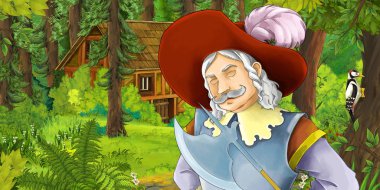 çizgi film sahne seyahat ve orman - illüstrasyon çocuklar için gizli ahşap evde karşılaşma genç prens ile