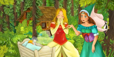 Ortaçağ kadın ve Prenses ormanın içinde ve bir çocuk yatakta - illüstrasyon çocuklar için çizgi film sahne 