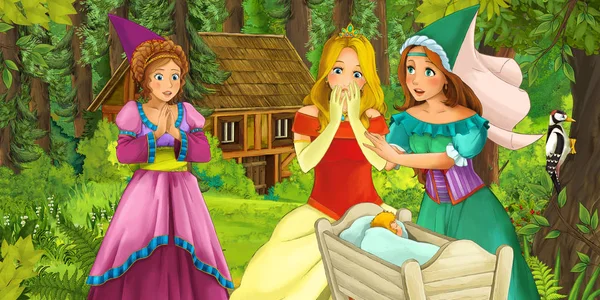 Escena Dibujos Animados Con Muchas Mujeres Medievales Princesa Bosque Niño —  Fotos de Stock