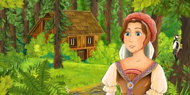 mutlu genç kız ormanda gizli ahşap ev - illüstrasyon çocuklar için karşılaşma ile çizgi film sahne