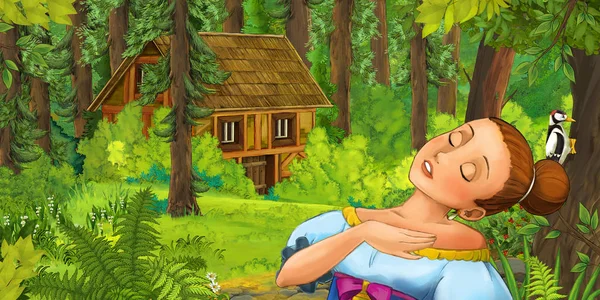Cartoon Scene Happy Young Girl Forest Encountering Hidden Wooden House — Stock Photo, Image