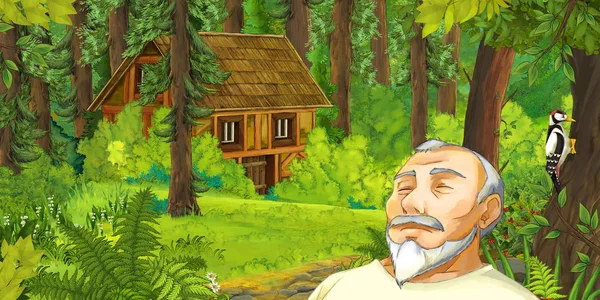 cartoon scene with sleeping old man in the forest near some hidden wooden house - illustration for children