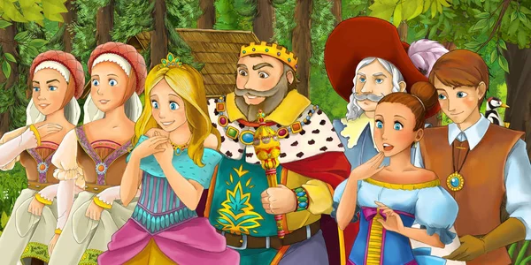 Cartoon Scene Happy Young Girl Boy Prince Princess Forest Encountering — Stock Photo, Image