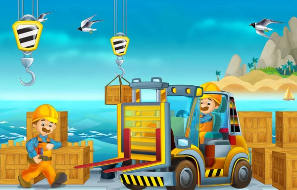 Cartoon Construction Workers One Forklift White Background Illustration Children — Stock Photo, Image