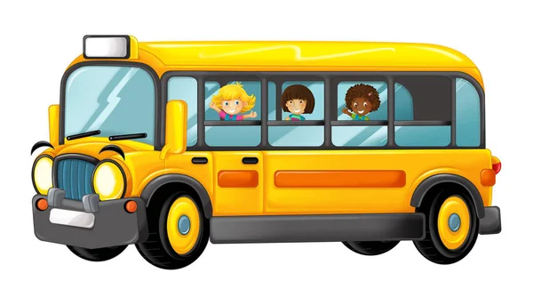 Divertido Autobús Amarillo Dibujos Animados Con Los Alumnos Ilustración Para —  Fotos de Stock