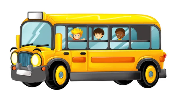 滑稽看卡通黄色公共汽车与学生 例证为孩子 — 图库照片