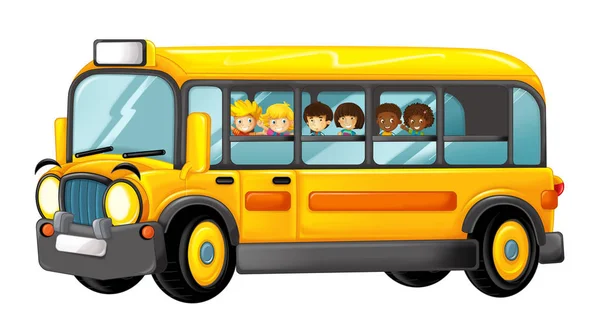 Divertido Autobús Amarillo Dibujos Animados Con Los Alumnos Ilustración Para —  Fotos de Stock