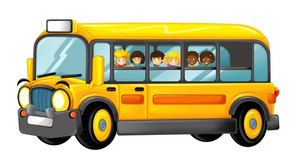 Rolig Snygg Tecknad Gul Buss Med Elever Illustration För Barn — Stockfoto
