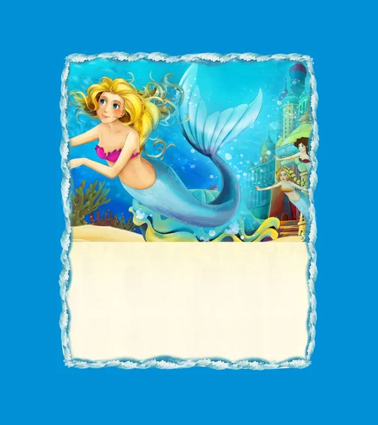 Cartoon Scene Mermaid Sea Sitting Giant Shell Underwater Palace Title — Stock Photo, Image