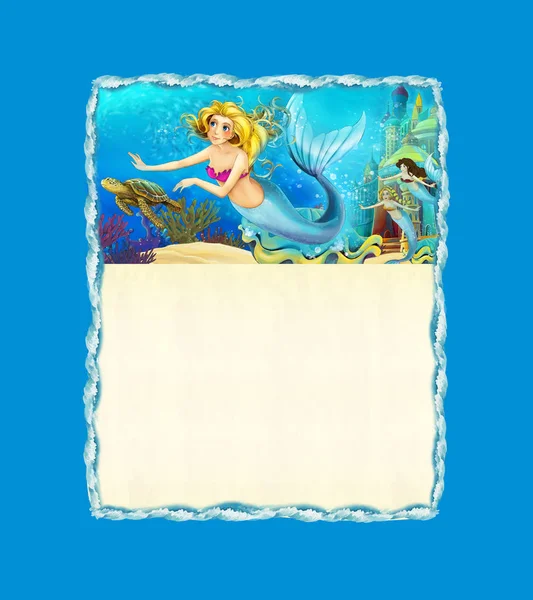 cartoon scene with mermaid in the sea sitting near giant shell and underwater palace - title page with space for text - illustration for children