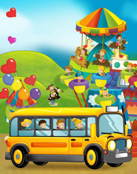 Cartoon scene of kids playing in the funfair and school bus on the trip - illustration for children