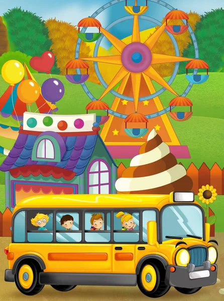 Escena Dibujos Animados Niños Jugando Feria Autobús Escolar Viaje Ilustración —  Fotos de Stock