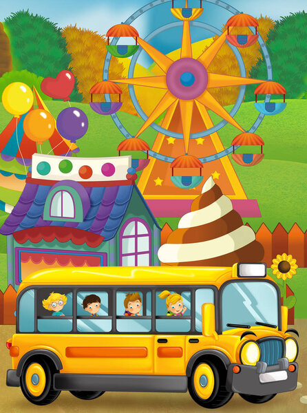 Cartoon scene of kids playing in the funfair and school bus on the trip - illustration for children