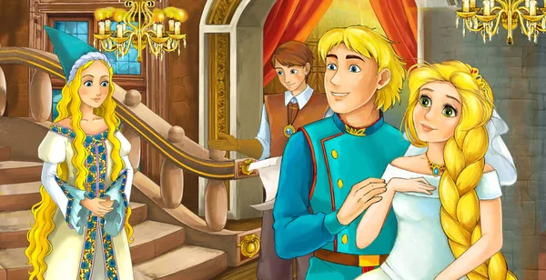 动画片场面与已婚夫妇 王子和公主在城堡房间 例证为孩子 — 图库照片