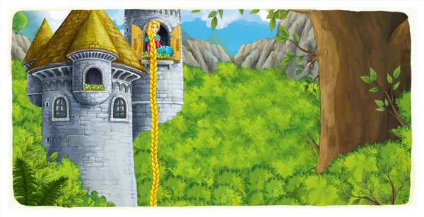 Escena Cuento Hadas Dibujos Animados Con Torre Del Castillo Princesa — Foto de Stock