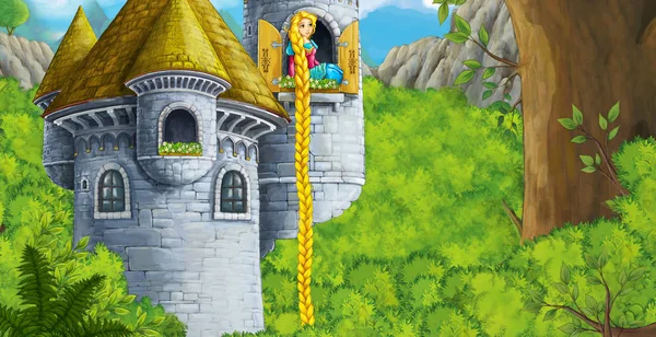 Cartoon Fairy Tale Scene Castle Tower Princess Window Illustration Children — Stock Photo, Image