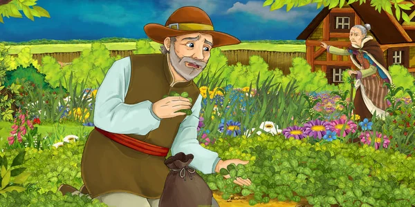 Scène Dessin Animé Avec Homme Dans Jardin Rassemblant Quelques Herbes — Photo