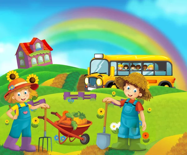 卡通场景与孩子们在农场有好时光 在校车 插图为儿童 — 图库照片