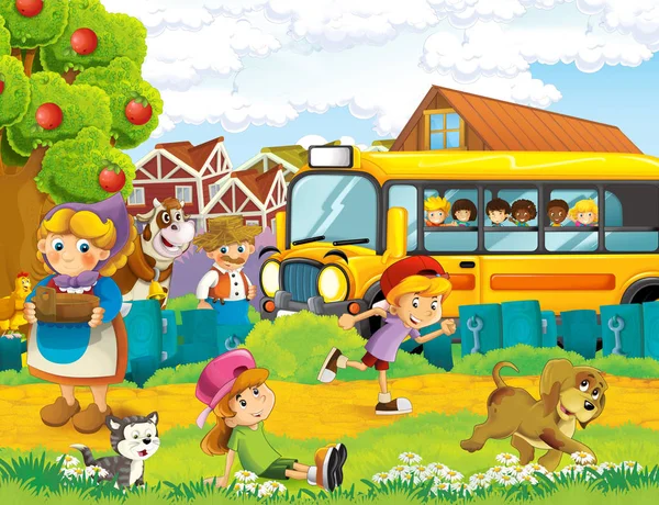 cartoon scene with kids having good time on the farm - in the school bus - illustration for children