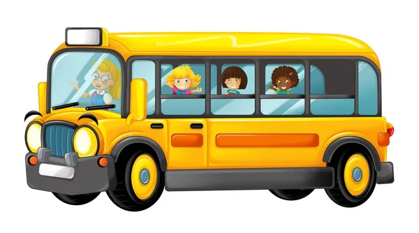 Lustig Aussehender Cartoon Gelber Bus Mit Schülern Illustration Für Kinder — Stockfoto