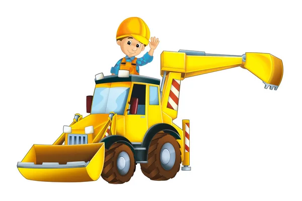 Cartoon funny excavator with worker in the window - on white background - illustration for children