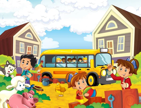 Cartoon Scene Kids Having Good Time Farm School Bus Illustration — Stock Photo, Image