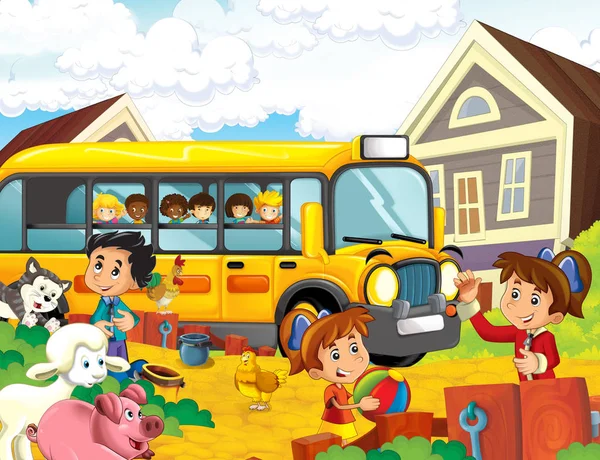 Escena Dibujos Animados Con Niños Pasándolo Bien Granja Autobús Escolar — Foto de Stock