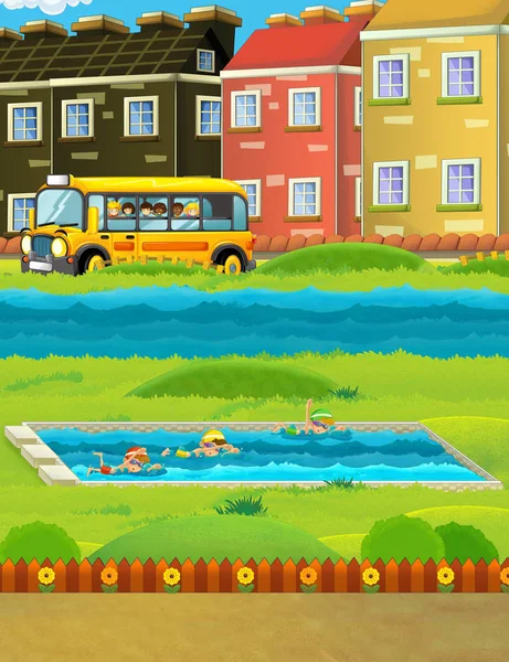 cartoon scene with park near the street and school bus driving - stage for different usage - illustration for children