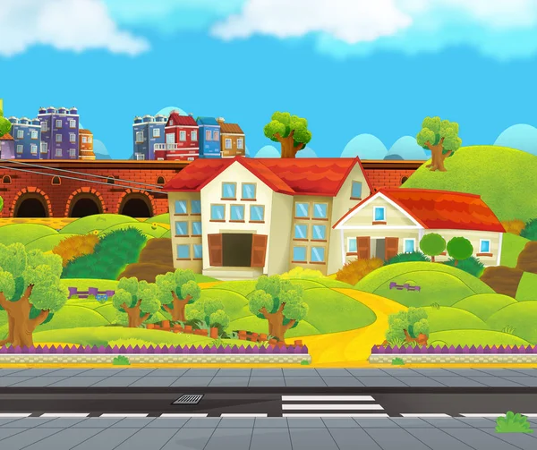 farklı kullanım için şehrin ortasındaki mutlu ve komik bir sahne - çocuklar için illüstrasyon