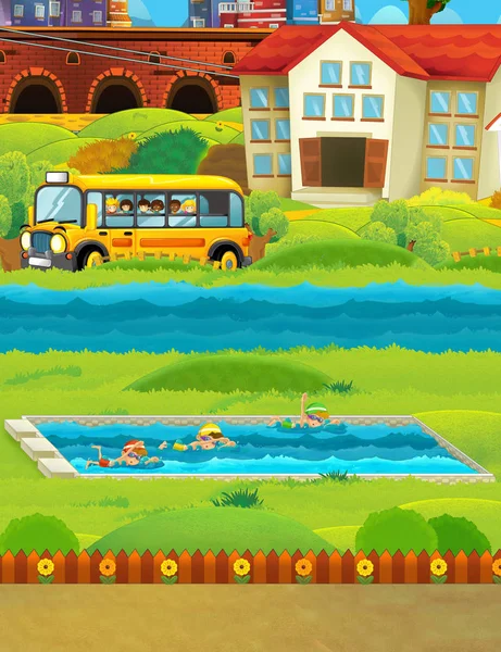 cartoon scene with park near the street and school bus driving - stage for different usage - illustration for children