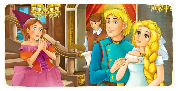 cartoon scene with married couple - prince and princess in the castle room - illustration for children