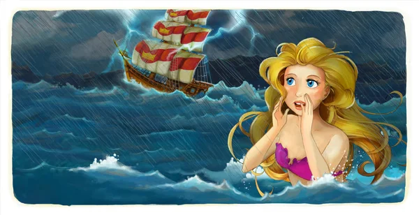 Cartoon adventure illustration - storm on the sea - mermaid watching the ship - illustration for the children