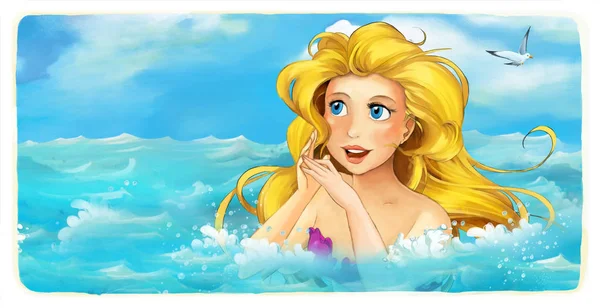 Cartoon ocean and the mermaid looking at flying seagulls - illustration for the children