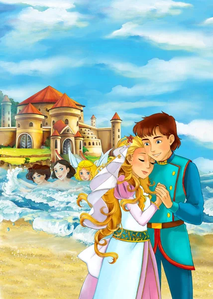 cartoon scene with loving pair by the sea and beautiful castle - near some mermaids in the water - illustration for children