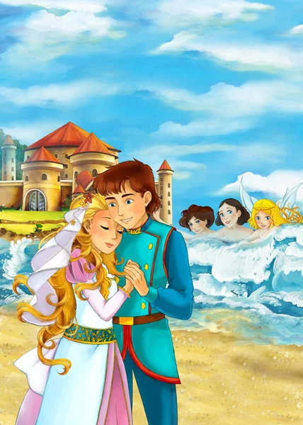 卡通场景与爱对海边和美丽的城堡 附近一些美人鱼在水中 插图为儿童 — 图库照片