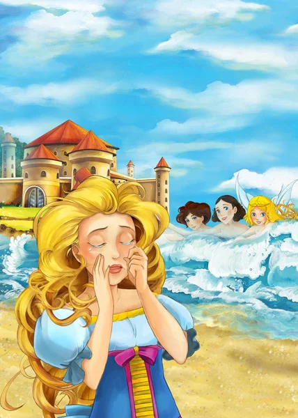 卡通场景与美丽的女孩附近的城堡和海滩的海 附近的一些美人鱼在水中 插图为儿童 — 图库照片
