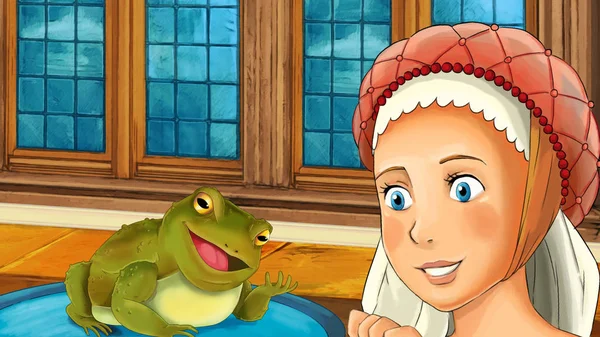 Cartoon scene - cartoon frog sitting looking to the audience and talking something - illustration for children