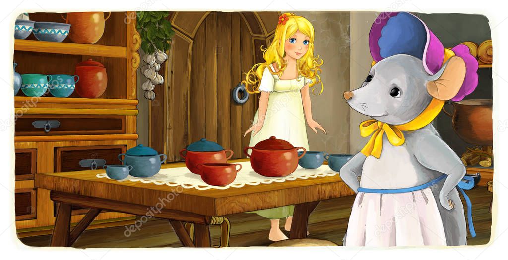 Cartoon fairy tale scene of a mouse and tiny girl in the kitchen - illustration for children 